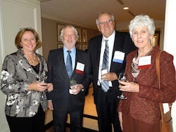 Rachel Dunlap ('83) Wayne Roberts ('77) Prof. David Warner and Courtney Brown ('83) Photo of Alumni at Reception in Houston