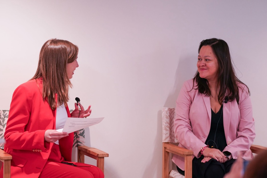  Emmy Ruiz discusses normalizing motherhood while working in politics with LBJWCS founder and executive director Amy Kroll. Photo courtesy of The Network. 