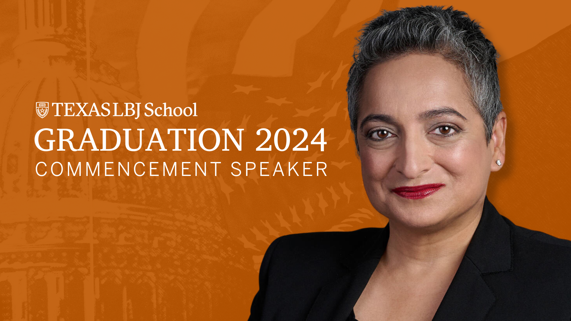 Graphic announcing Shamina Singh as the Class of 2024 Commencement Speaker