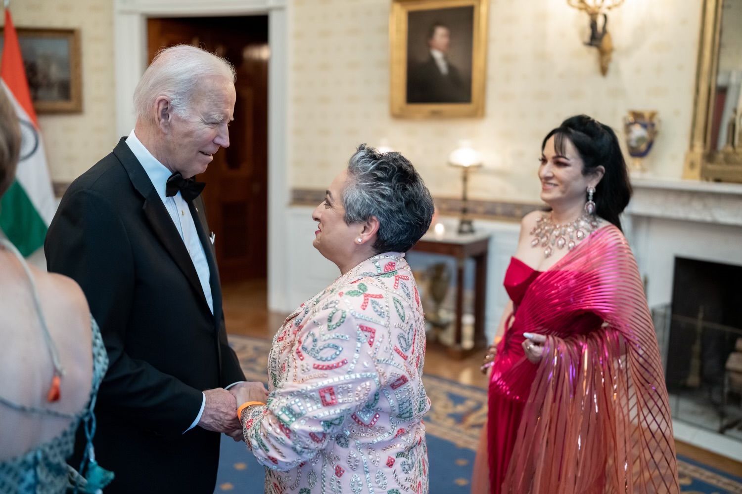 Shamina Singh with the President of the United States, Joe Biden, at the 2023 India State Dinner at the White House.  
