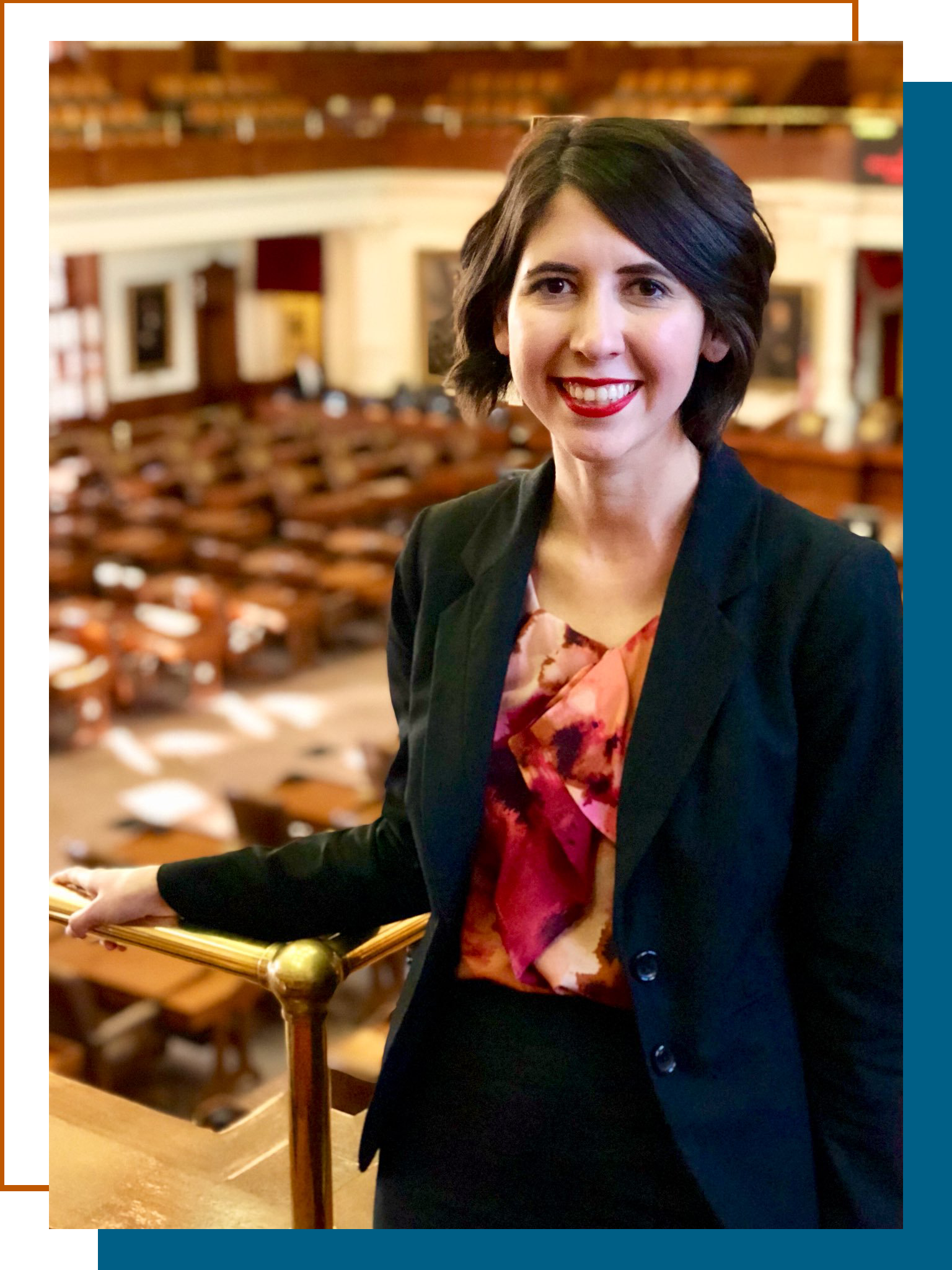 An LBJ Student posing inside the Texas Legislature chamber