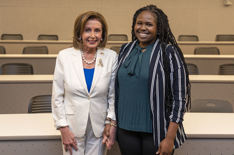 House Speaker Nancy Pelosi with LBJ DC student Da'Shon Carr
