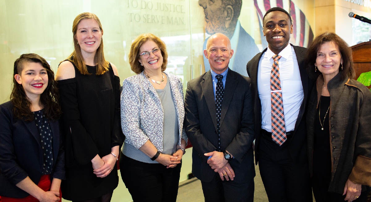 LBJ students Sarah Gonzalez Claytor and Hanna Munin, LBJ Professor Michele Deitch, Dallas Co DA John Creuzot, LBJ student Joel Carter and LBJ Dean Angela Evans