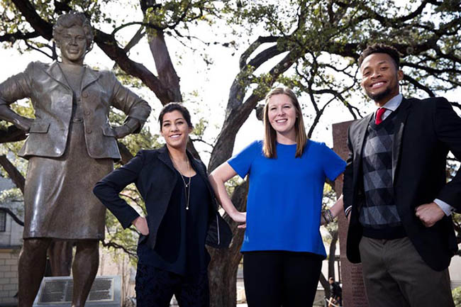 Jackie Chorush (dual degree MGPS/Russian, East European and Eurasian Studies '19); Hanna Munin (MPAff '19); and Roosevelt Neely (MPAff '18) in front of the Barbara Jordan statue. (Photo by Callie Richmond)  
