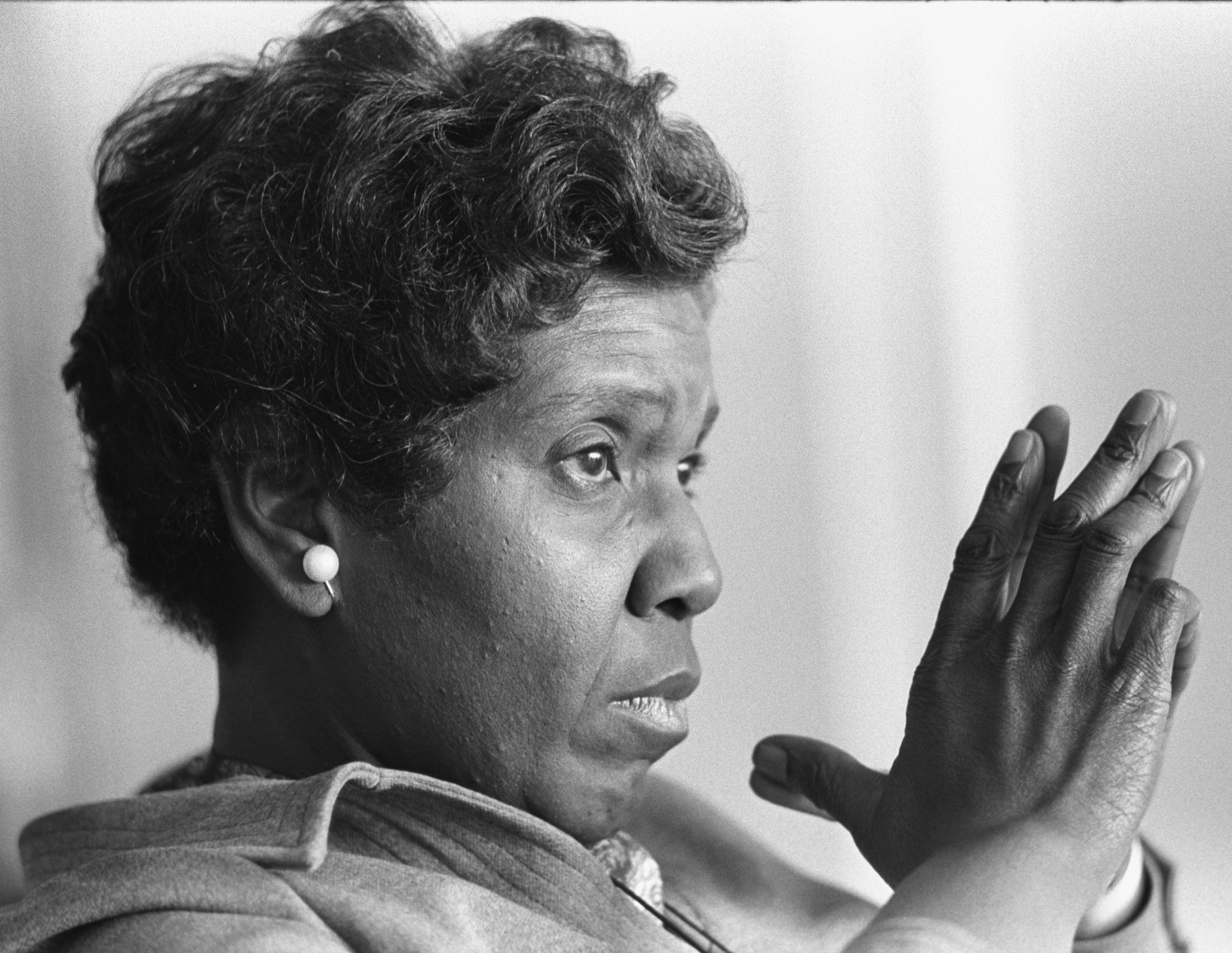 B&W photo of Barbara Jordan during a 1976 interview for Family Circle with Lady Bird Johnson and Liz Carpenter_LBJ Library/Frank Wolfe