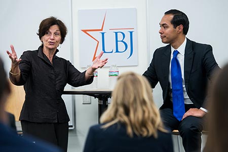 Dean Angela Evans hosts a discussion with Julian Castro on one of his visits to the LBJ School