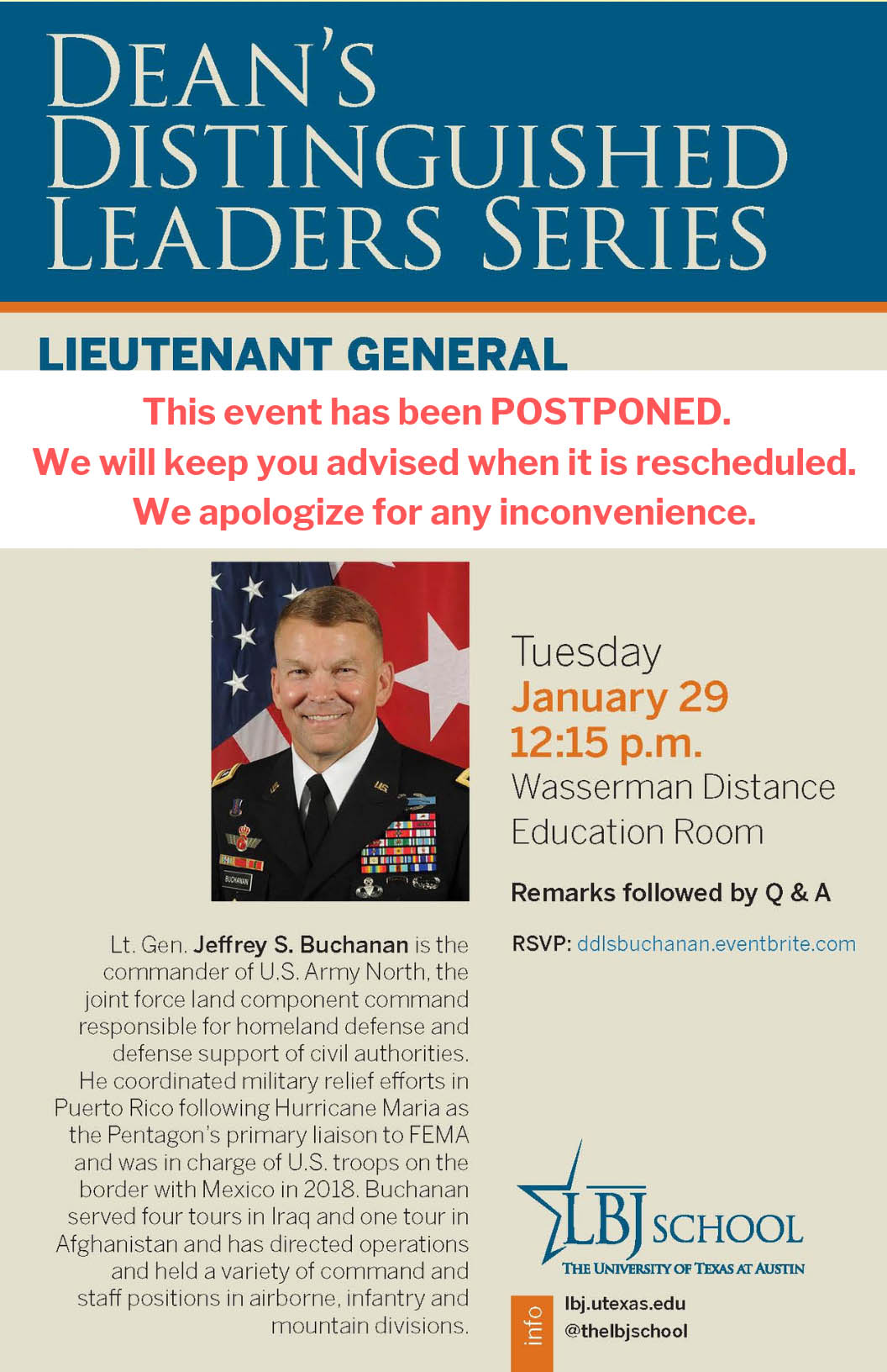 Poster for Dean's Distinguished Leaders Series featuring Lt. Gen. Jeffrey Buchannan — POSTPONED