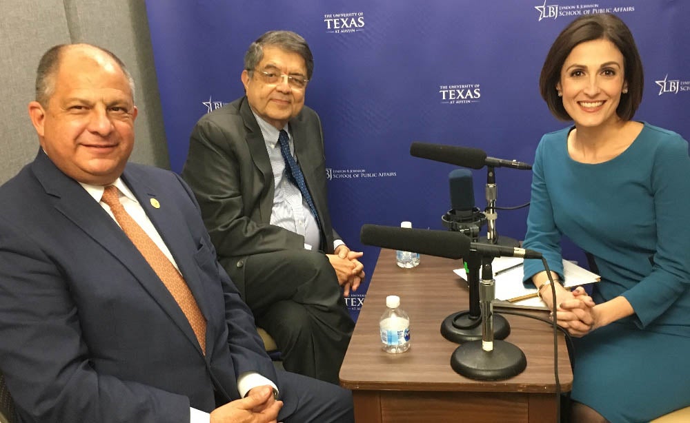 Former President Solís of Costa Rica (left), Vice President of Nicaragua Ramírez (center) and Professor DeFrancesco Soto (right) during a podcast recording.