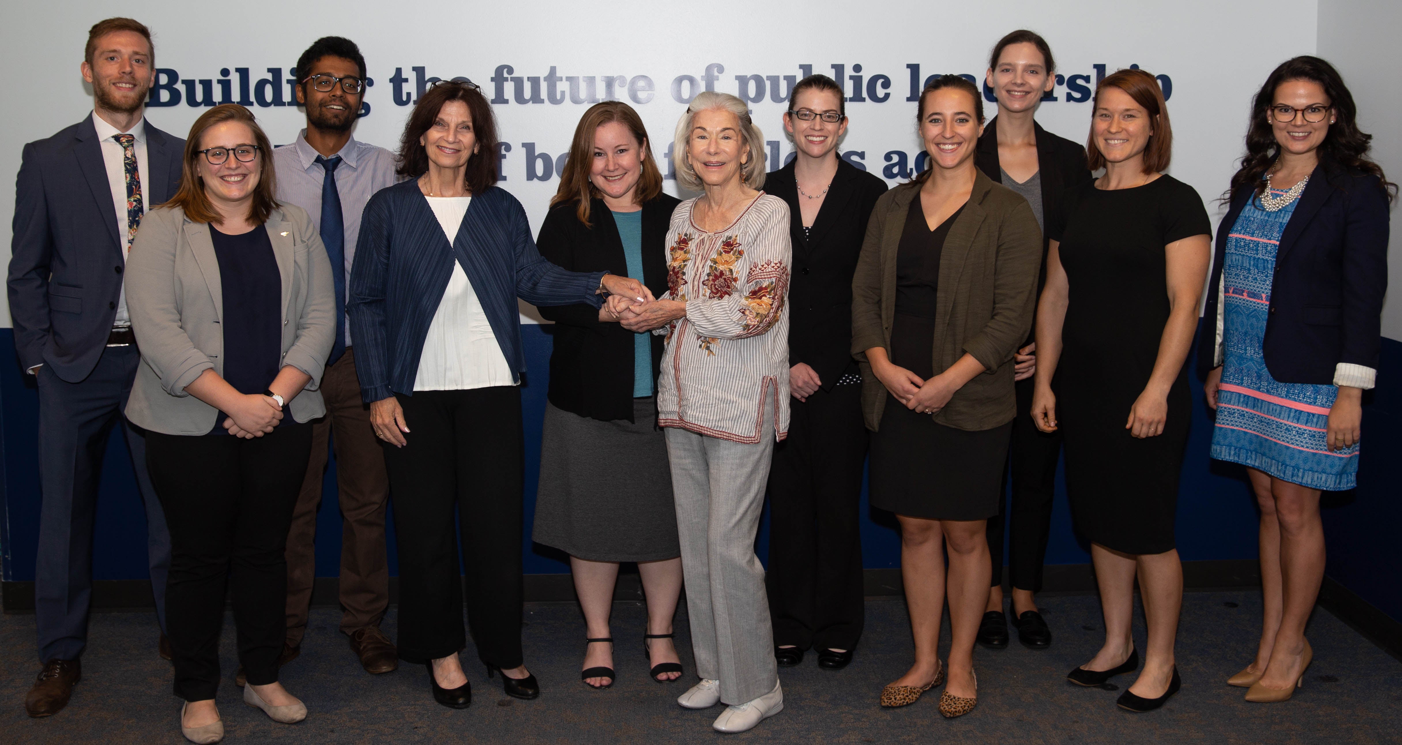 Eleanor Crook (center) with LBJ School Dean Angela Evans, Associate Dean for Students Kate Weaver, and the 2018 Crook Fellows