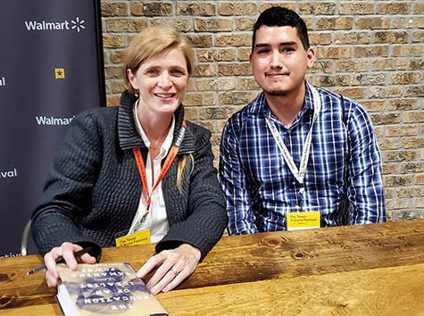 Gabriel Cortez (MGPS '21) with former U.S. Ambassador to the UN Samantha Power at the Texas Tribune Festival in 2019