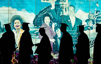 LBJ graduates line up by the Lady Bird Johnson light wall