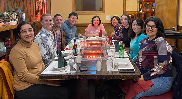 Jiameng Zheng (Ph.D. '21) out to dinner with some of her Ph.D. colleagues