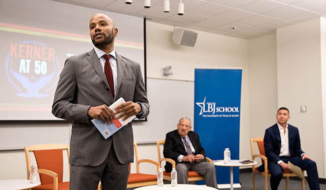 Dr. Peniel Joseph during the LBJ School conversation commemorating the 50th anniversary of the Kerner Commission.
