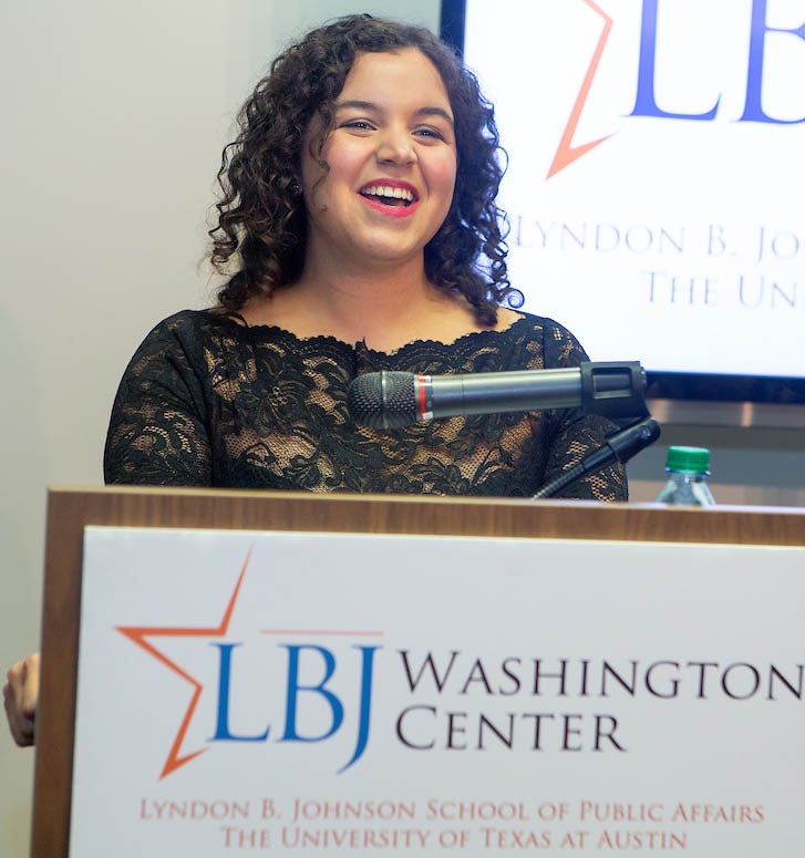 Nina Guidice (MPAff '18) delivers the LBJ DC Fellow Address on Dec. 8