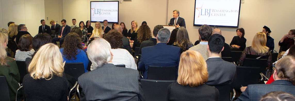 LBJ Washington Center Executive Director Tom O'Donnell welcomes family and friends at the commencement for the 2018 class of LBJ DC Fellows