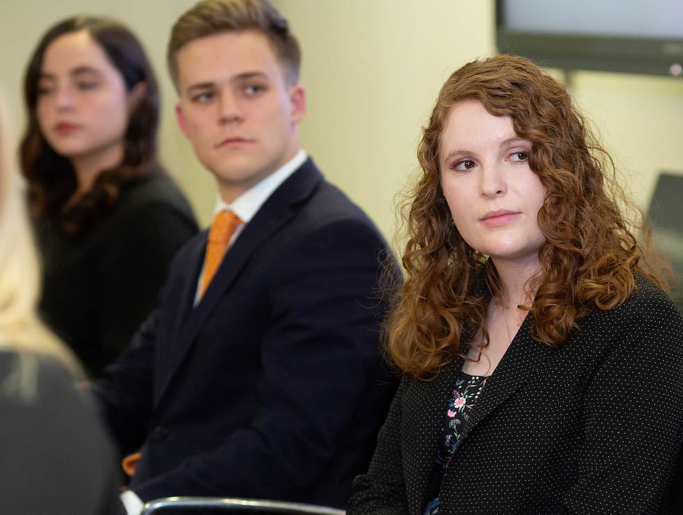 LBJ DC Fellows Elaina Stephenson, Caleb Seibert and Kimberly Schuster at their graduation