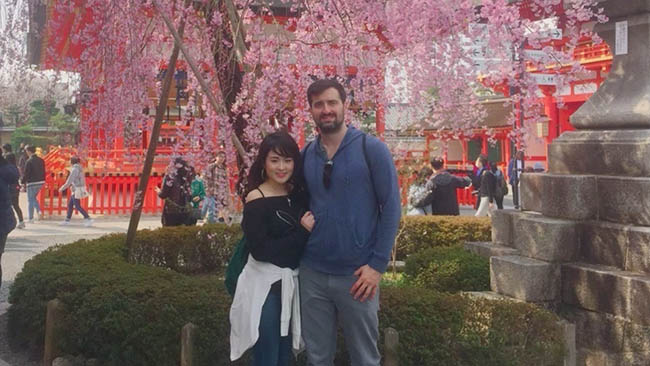 Nina and her husband, Barrett, visiting cherry blossoms in Kyoto in 2018