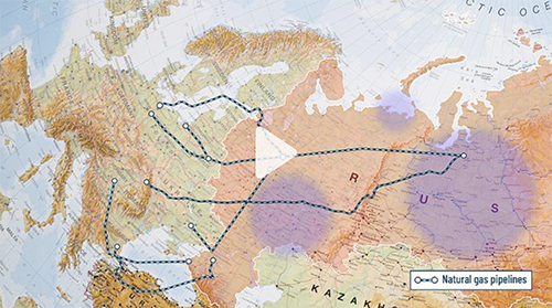 Map showing natural gas pipelines from Russia to Europe
