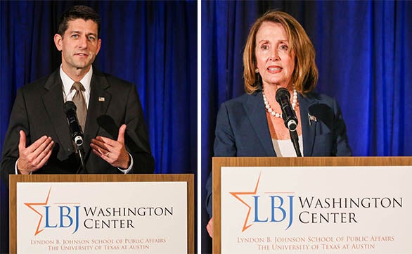 Paul Ryan (R-Wis.) and Nancy Pelosi (D-Calif.), then the speaker and minority leader of the U.S. House, at the LBJ Washington Center's Grand Opening, September 2016