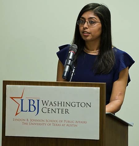 Salimah Jasani (MPAff-DC '19) delivers the 2019 DC Fellow Address on Dec. 7