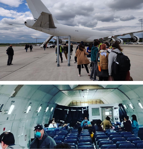 Outside and aboard the cargo plane that brought LBJ student Tahar Hichri (MGPS '20) back to the U.S. in the midst of the COVID-19 lockdown