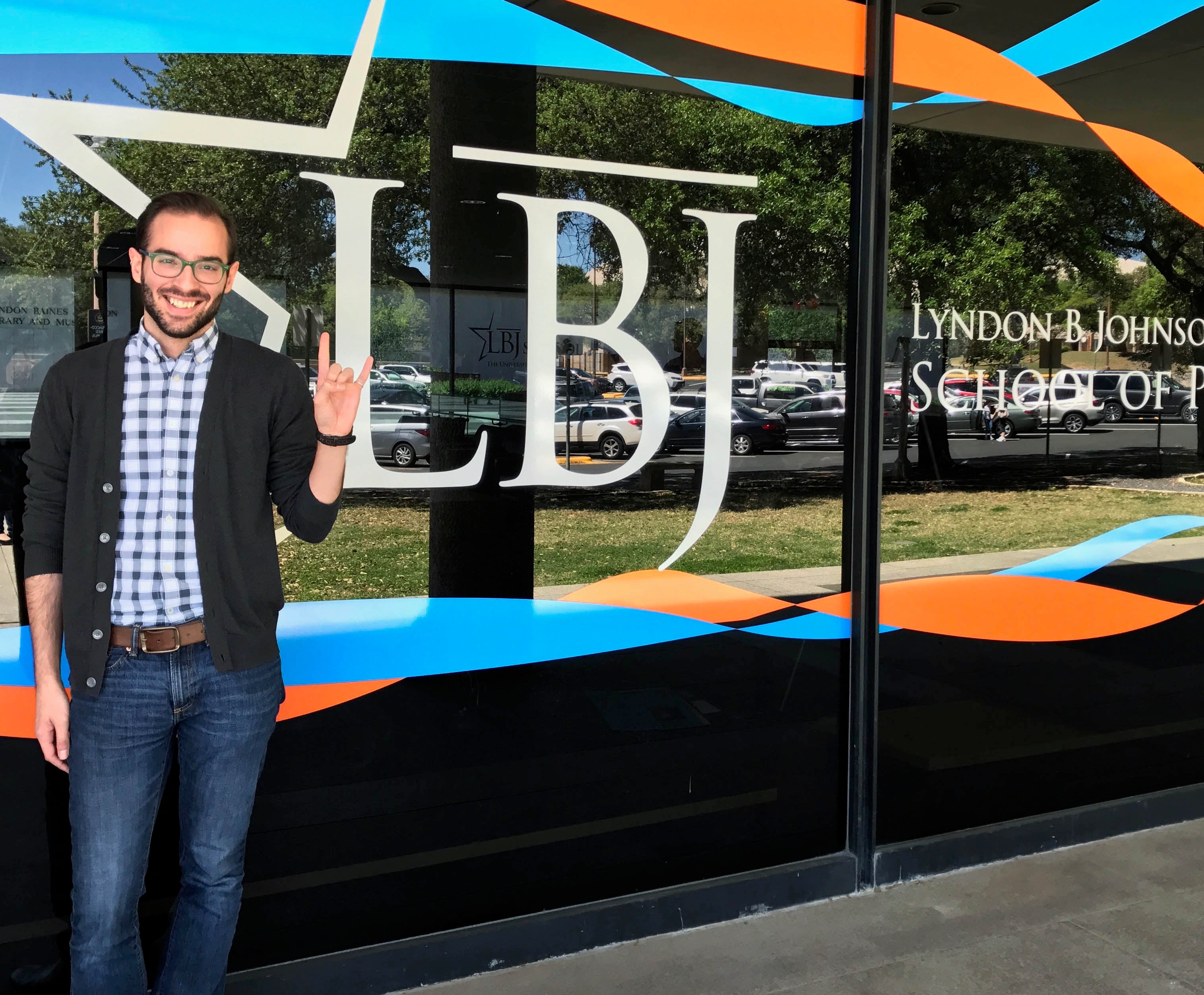 LBJ student Wayne Holstine (MPAff '19) on his first day of grad school