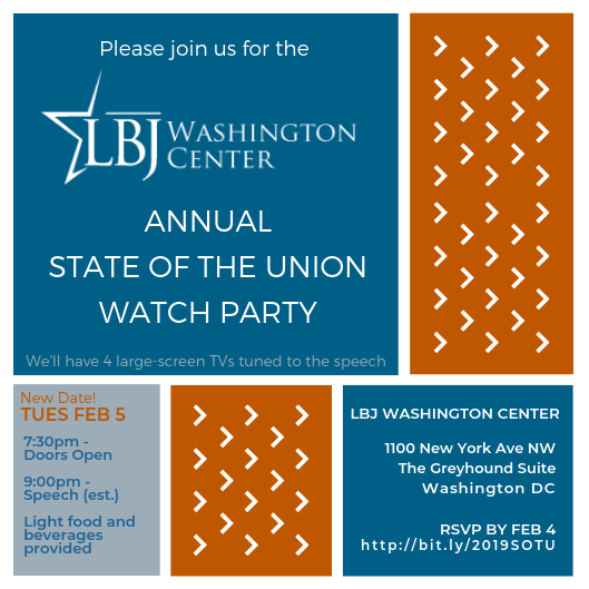 Invitation for the Annual State of the Union Watch Party at the LBJ Washington Center