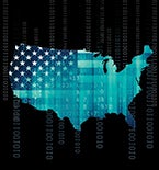 Map of the United States with a background of the U.S. flag and 'cyber' code