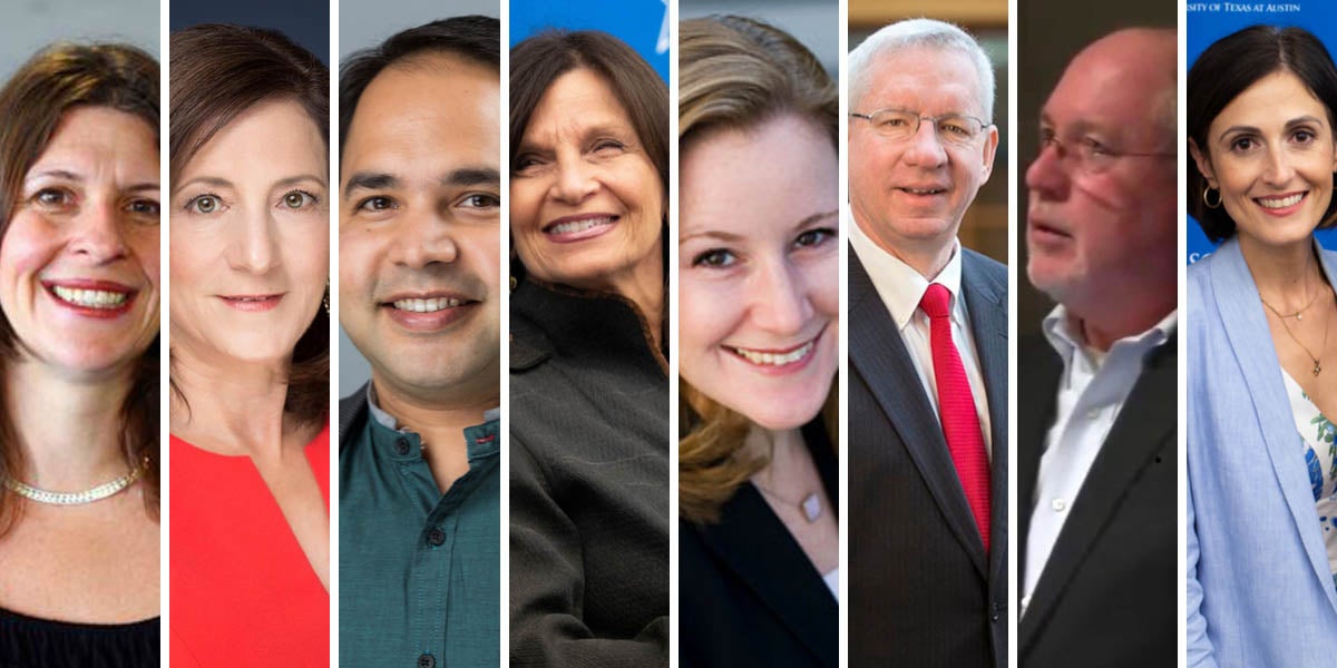 LBJ Professors Jenny Knowles Morrison, Sherri Greenberg, Varun Rai, Dean Angela Evans, Kate Weaver, Don Kettl, Bill Shute and Victoria DeFrancesco Soto