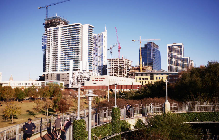 Downtown Austin skyline with construction cranes