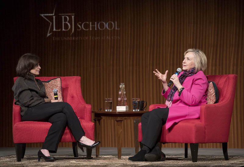 LBJ School Dean Angela Evans and Hillary Rodham Clinton at the inaugural IN THE ARENA award ceremony