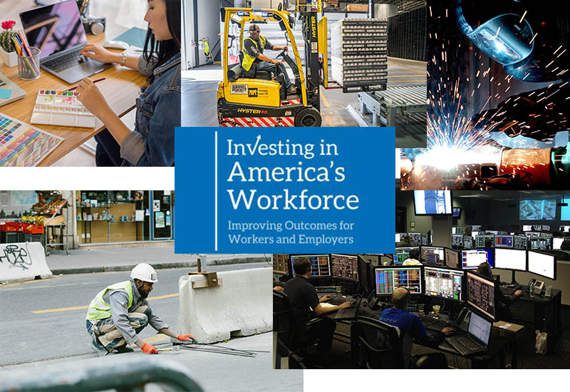 Photo collage of people doing various kinds of jobs, along with the book title Investing in America's Workforce