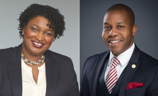 Stacey Abrams (MPAff '98) and Rudy Metayer (EMPL '16), recipients of the 2019 LBJ Outstanding Alumni Awards