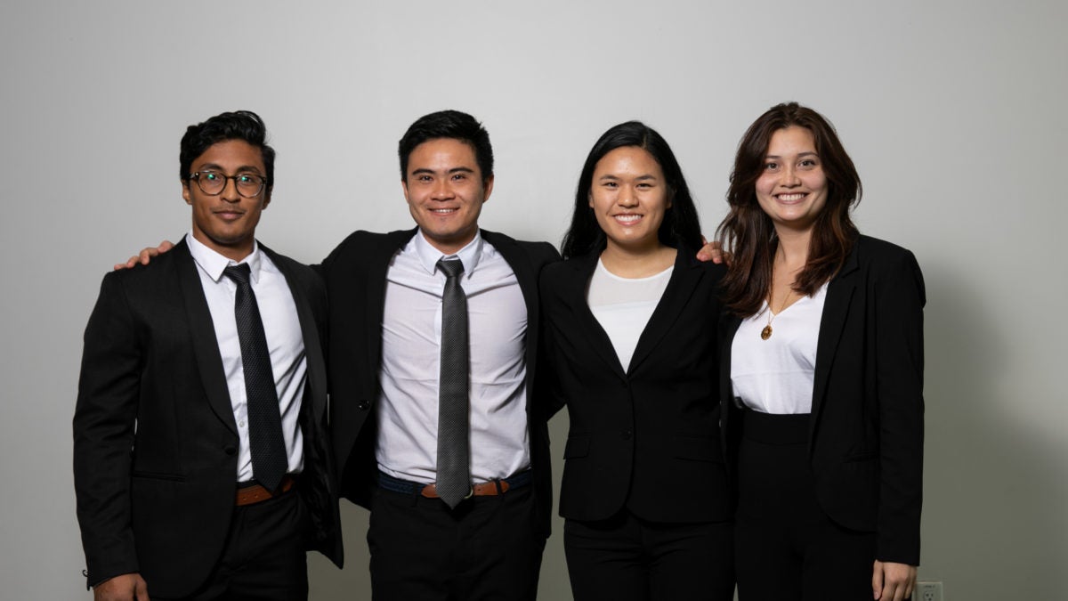 The diabetes in Mexico team poses after their pitch for the 2019–20 President's Award for Global Learning: Kanishka Mitra, Harrison Mark, Joyce Tiong and Kathryn Quan. LBJ School Professor Jacqueline Angel, Adjunct Professor Meeta Kothare and DellMed Assistant Professor Meghana Gadgil are the faculty team members.