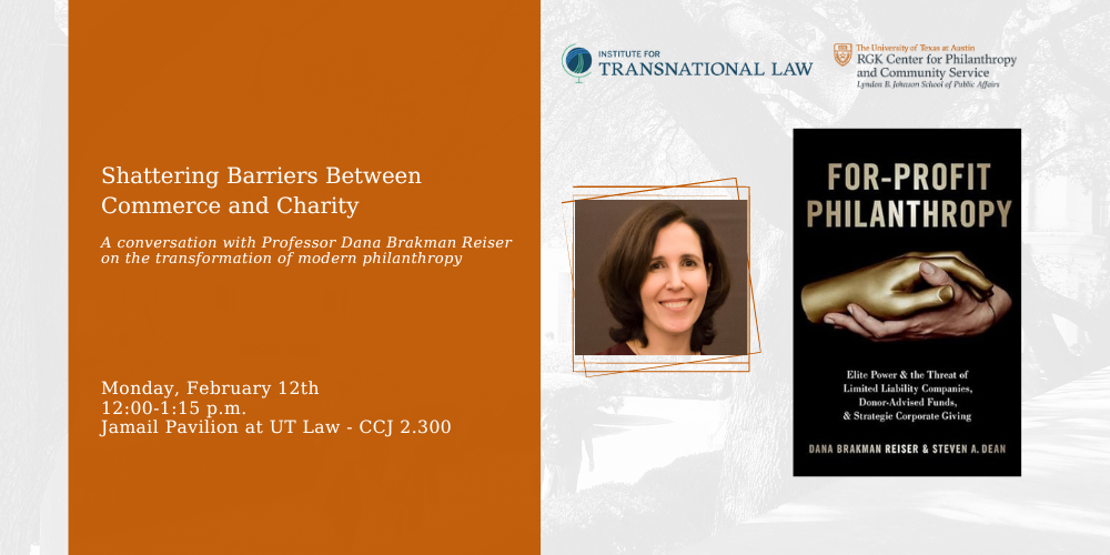 Graphic with event title, headshot of Dana Brakman Reiser, and a photo of her book cover