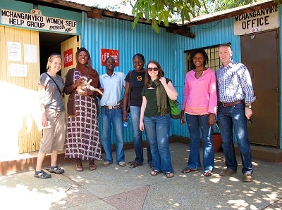 Emily Adams, 2011 LBJ School graduate (far left), and Todd Graham Smith (far right) pictured with workers from the women’s center in Nairobi, Kenya. Emily Adams, 2011 LBJ School graduate (far left), and Todd Graham Smith (far right) pictured with workers from the women’s center in Nairobi, Kenya.
