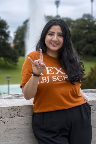 Rania Sohail in front of the LBJ Fountain