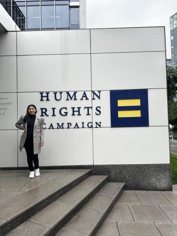 LBJ student Adriana Hernández Sánchez in DC for the Patman Center Maymester in front of Human Rights Campaign