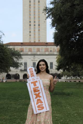 Incoming LBJ freshman, Annabella Ruiz, at UT Austin's Tower