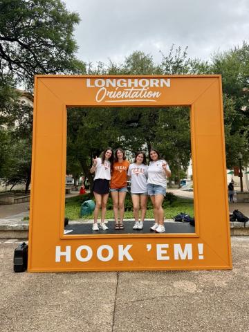 Incoming LBJ Freshman Camila at UT Austin Orientation with peers