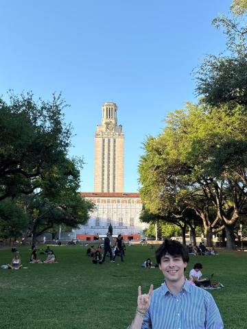 Incoming LBJ Master of Global Policy Studies and DC student Eli Craddock at UT Tower
