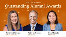 3 LBJ alumni headshots against burnt orange background