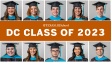 Ten portraits of graduates dressed in cap and gowns surround the text "LBJ DC Class of 2023"