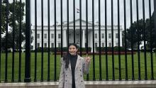 LBJ student Adriana Hernández Sánchez in DC for the Patman Center Maymester in front of White House