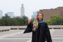 LBJ EMPL Graduate Danielle Thompson in front of Tower