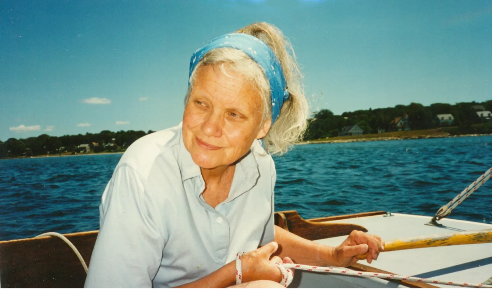 Dagmar Hamilton, celebrated professor at the Lyndon B. Johnson School of Public Affairs on a boat in a lake.