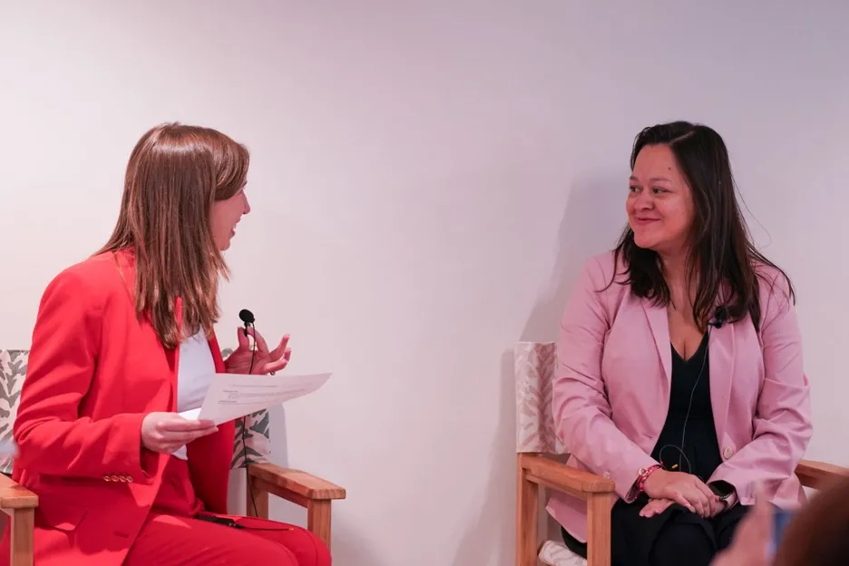 Emmy Ruiz discusses normalizing motherhood while working in politics with LBJWCS founder and executive director Amy Kroll. Photo courtesy of The Network. Emmy Ruiz discusses normalizing motherhood while working in politics with LBJWCS founder and executive director Amy Kroll. Photo courtesy of The Network.
