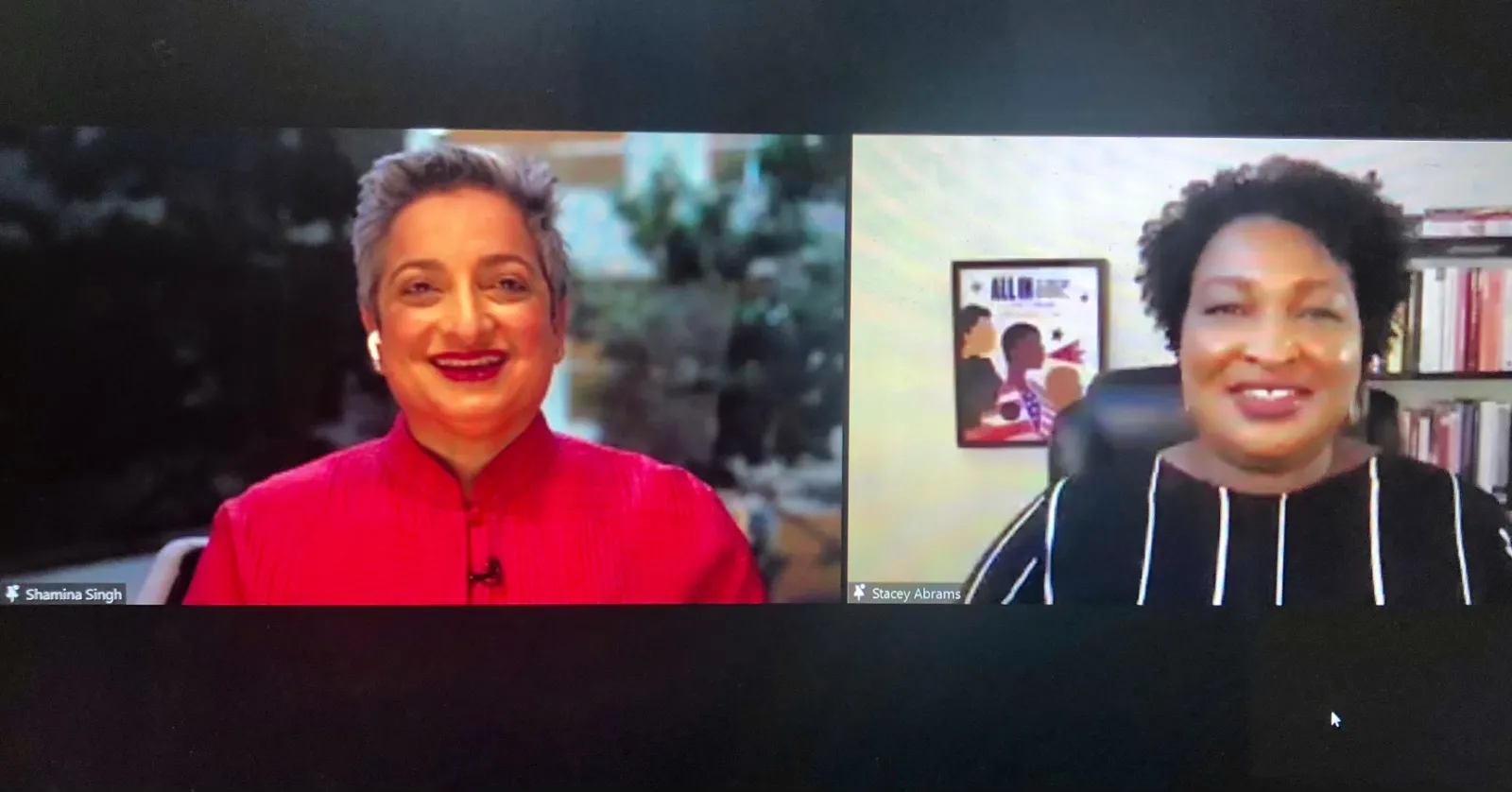 Shamina Singh in conversation with her classmate Stacey Abrams (‘98) during a joint webinar while Stacey was the State Representative for the 84th House District of the Georgia General Assembly.  