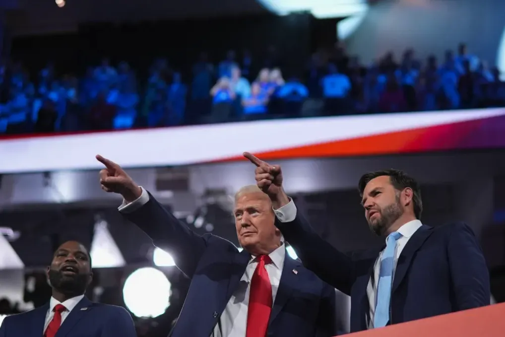 Former U.S. President Donald Trump and U.S. Sen. J.D. Vance appear on the first day of the Republican National Convention at the Fiserv Forum on July 15, 2024 in Milwaukee. ANDREW HARNIK/GETTY IMAGES