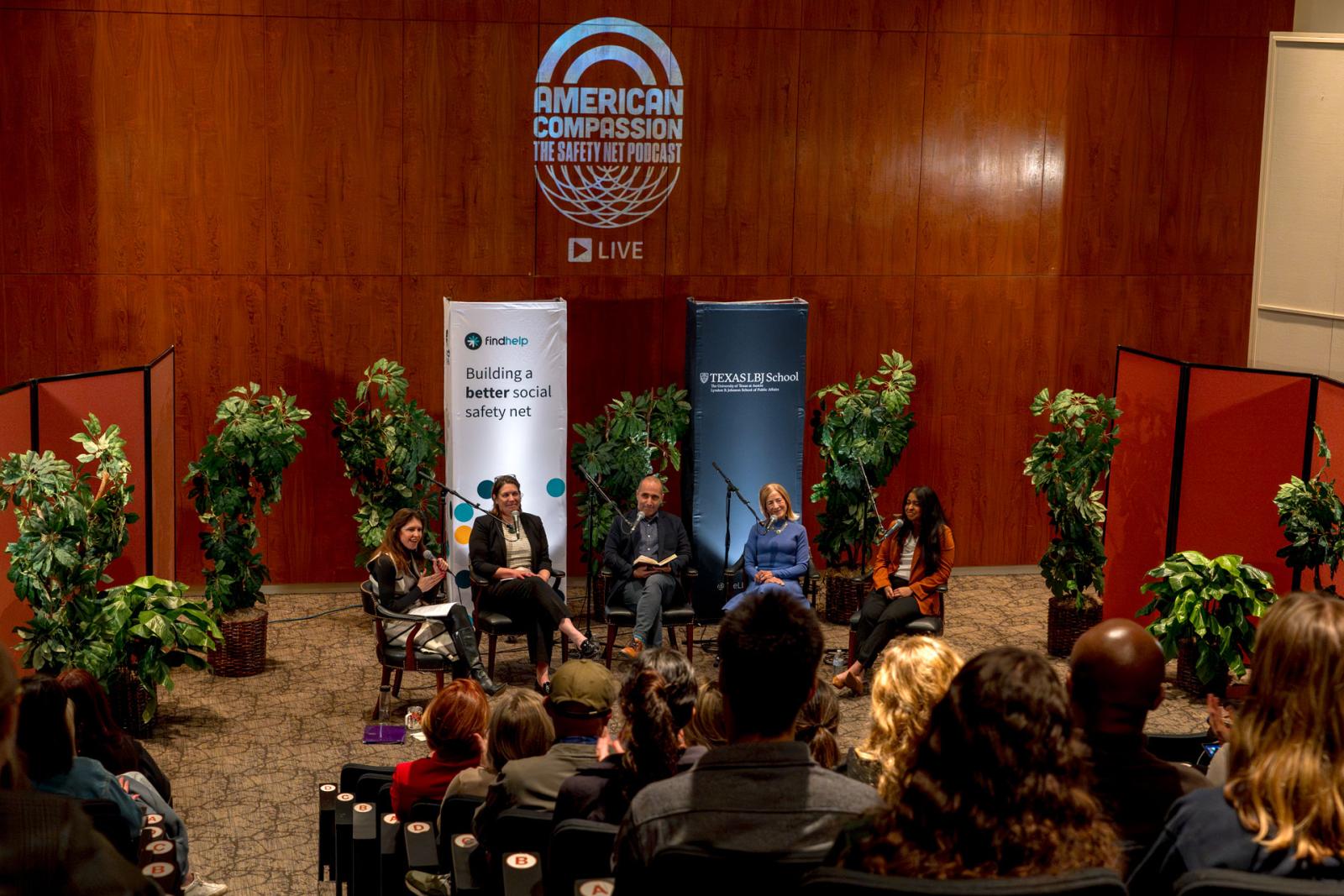 AC Panel #3 Photo of 3 woman and 2 men speaking into microphones at the LBJ school Bass Lecture Hall